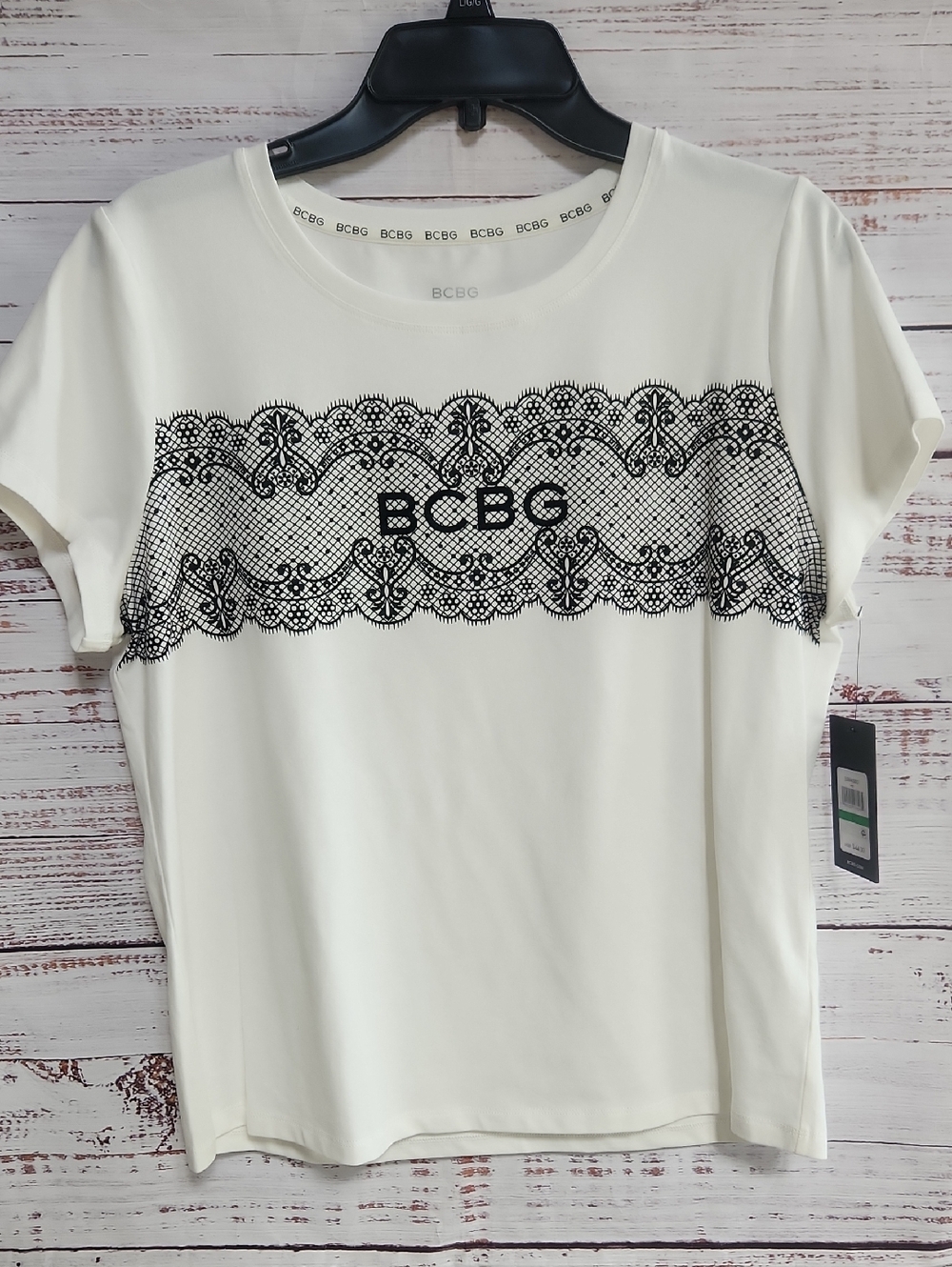 BCBG White Lace-Print Short Sleeve Tee